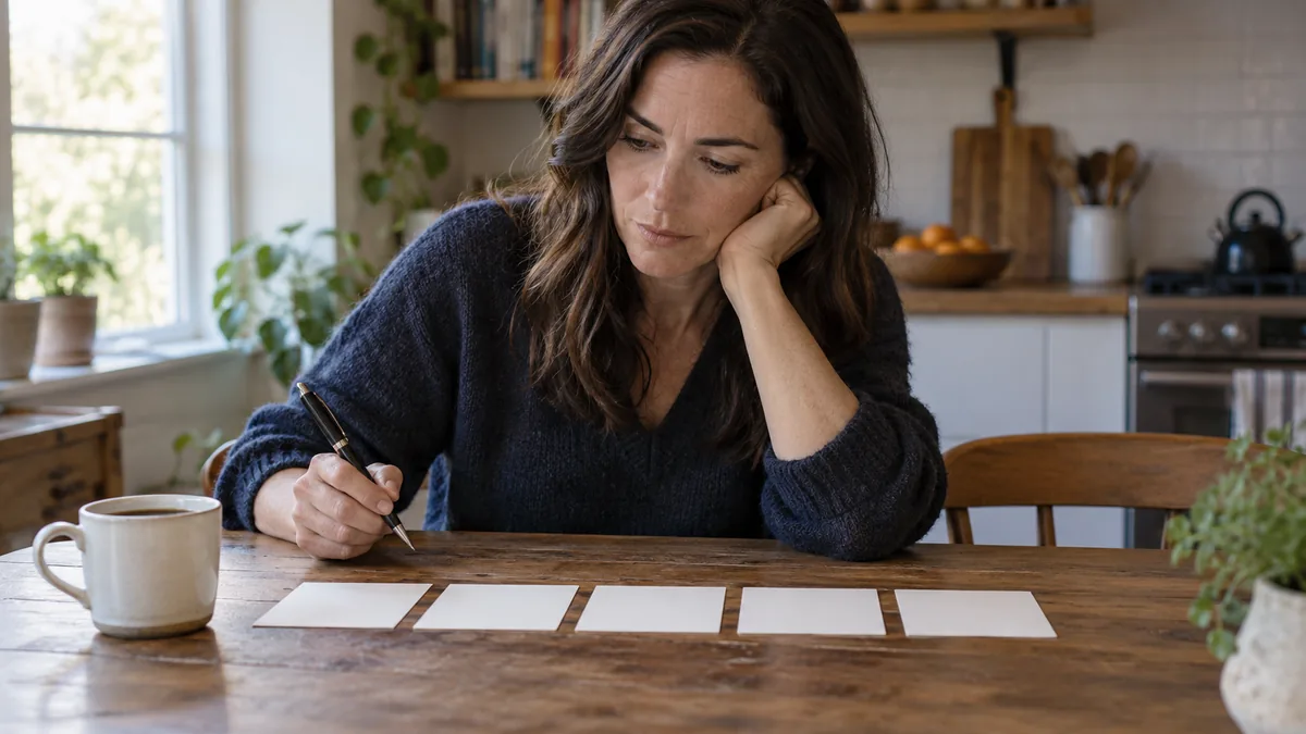 Femme réfléchissant devant cinq fiches alignées sur une table, un stylo à la main