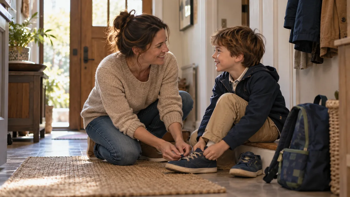 Mère accroupie à hauteur de son fils, lui parlant avec le sourire pendant qu'il met ses chaussures