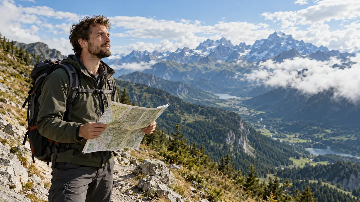 Randonneur comparant sa carte papier au paysage de montagne qui s'étend devant lui
