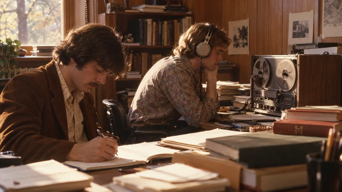 Deux jeunes chercheurs des années 1970 analysant des enregistrements sur un magnétophone