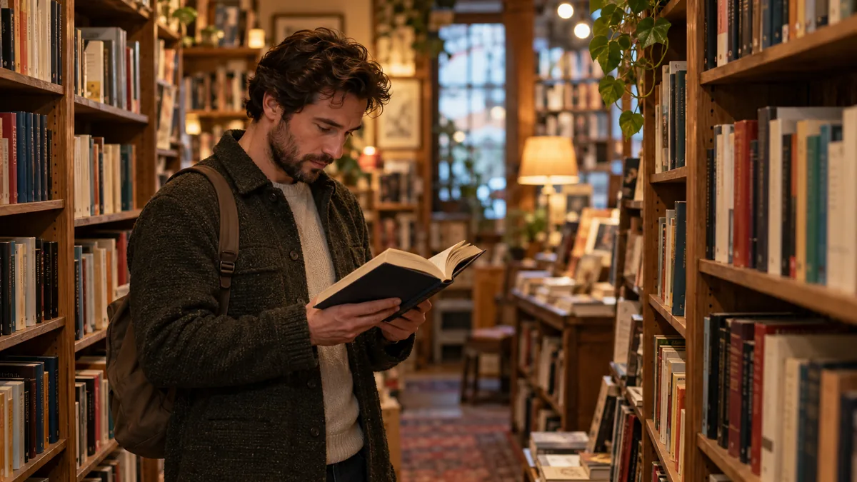 Homme feuilletant un livre avec intérêt entre les rayons d'une librairie