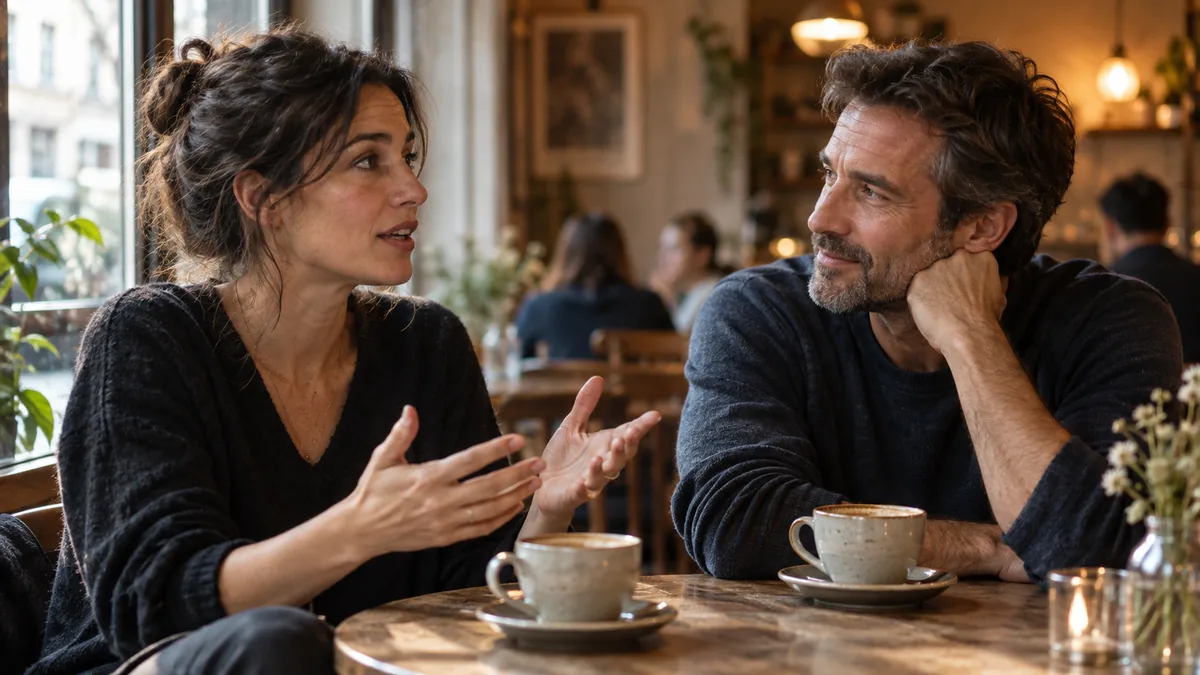 Homme écoutant attentivement une femme qui lui parle dans un café, observant son expression