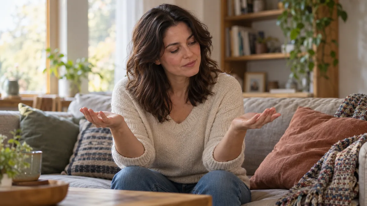 Femme assise regardant pensivement ses deux mains ouvertes devant elle