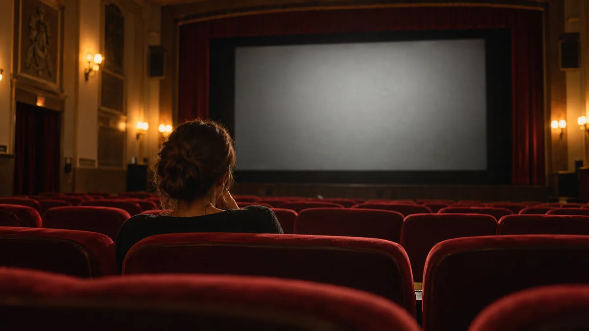 Femme seule assise calmement dans une petite salle de cinéma face à un écran noir et blanc